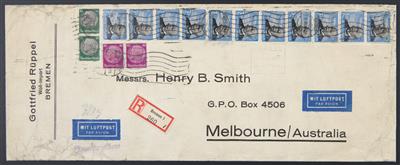 Poststück - D.Reich 1939 Mi. Nr. 539 (11) + Zufrankatur auf rekommandiertem Flugpostbrief von Bremen nach Melbourne, - Známky