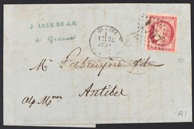 Poststück - Frankreich Mi. Nr. 44 voll- bis überrandig auf Faltbrief (triple port.) von Grasse nach Antibes aus 1871, - Známky