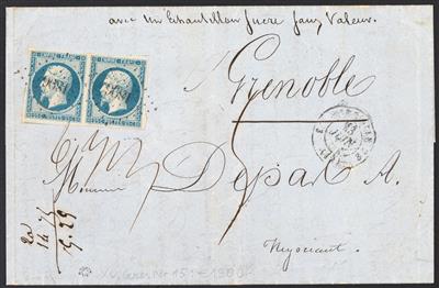 Poststück - Frankreich Yv. Nr. 15 im waagr. Paar auf Faltbrief von Marseille nach Grenoble aus 1854, - Briefmarken