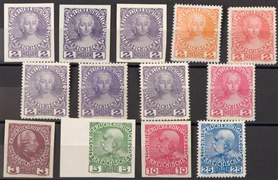 **/(*) - Österr. 1908 - 2 Heller - 9 verschiedene Farbproben ungez. bzw. gez., - Briefmarken