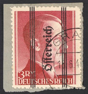 Briefstück - Österr. 1945 Grazer Aushilfsausgabe 3 RM "fett" mit Ersttagesentwertung, - Známky