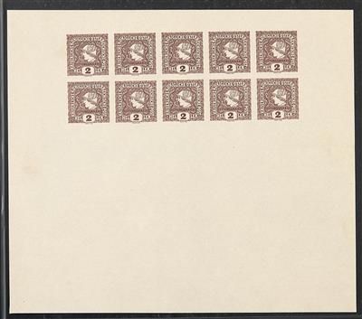 ** - Österr. 1916 - 2 Heller Zeitungsmarke Probedruck in BRAUN - Kleinbogenformat (zu 2 Reihen a 5 Stück), - Stamps
