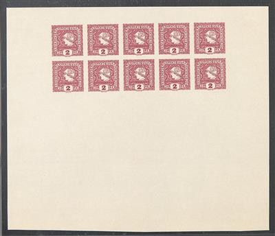 ** - Österr. 1916 - 2 Heller Zeitungsmarke Probedruck in LILAROT - Kleinbogenformat (zu 2 Reihen a 5 Stück), - Stamps