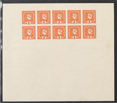 ** - Österr. 1916 - 2 Heller Zeitungsmarke Probedruck in ORANGE - Kleinbogenformat (zu 2 Reihen a 5 Stück), - Briefmarken