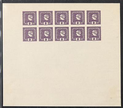 ** - Österr. 1916 - 2 Heller Zeitungsmarke Probedruck in VIOLETT - Kleinbogenformat (zu 2 Reihen a 5 Stück), - Francobolli