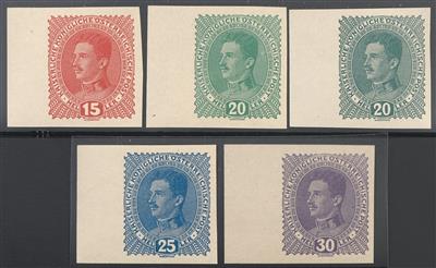 ** - Österr.   ANK. Nr. 221 U/ 224 U mit Nr. 222 U a u. b (1917 Kaiser Karl) postfr. ungezähnter Satz v. li. Rand, - Stamps