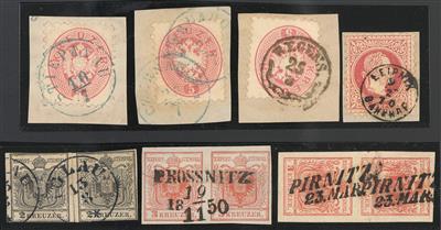 Briefstück/gestempelt - Reichh. Partie Abstempelungen und Entwertungen meist Mähren u.a. BISENZ STADT in BLAU, - Briefmarken