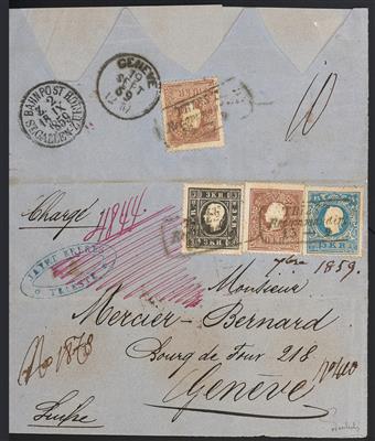 Poststück - Österr. Nr. 11 I + 14 II +15 II vorderseitig, - Stamps