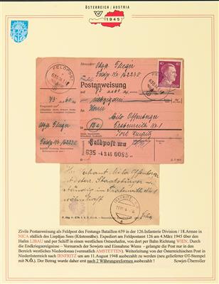 Poststück Zivile Postanweisung der Feldpost aus NICA/Kurland vom 4. März 45 nach Irnfritz Laufdauer über 3 Jahre, - Stamps