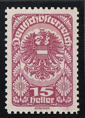 * - Österr. 1919 - Freim. 15 Heller lila Wappen - Farbprobe auf weißem Papier in Linienzähnung 12 1/2, - Briefmarken