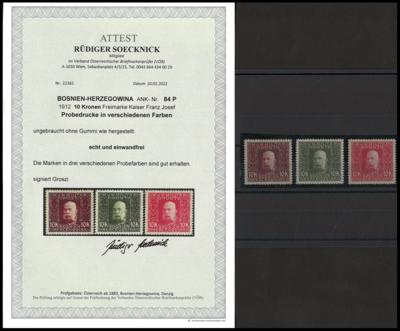 (*) - Bosnien Nr. 84P (PROBEDRUCKE des 10 Kronen Wertes der Freimarkenausg. 1912 in 3 verschiedenen Farben), - Briefmarken