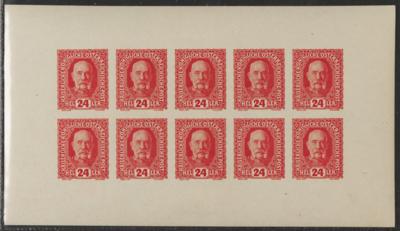 ** - Österr. 1916 - 24 Heller Kaiserkopf "en face" - Kleinbogenformat zu 10 Stück in Farbprobe orangerot, ungezähnt - Briefmarken