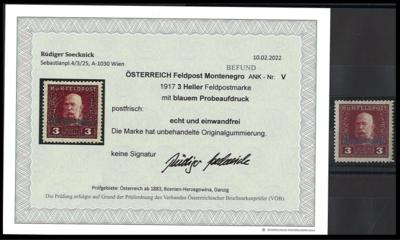 ** - Österr. Feldpost - Montenegro Nr. V (nicht verausgabter Wert zu 3 Heller mit BLAUEM Aufdruck), - Stamps