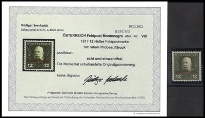 ** - Österr. Feldpost WK I - Montenegro Nr. VIII (nicht verausgabter Wert zu 12 Heller mit ROTEM Aufdruck), - Známky