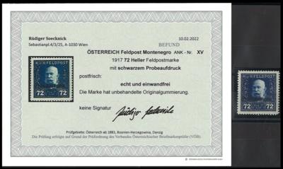 ** - Österr. Feldpost WK I - Montenegro Nr. XV (nicht verausgabter Wert zu 72 Heller mit SCHWARZEM Aufdruck), - Známky