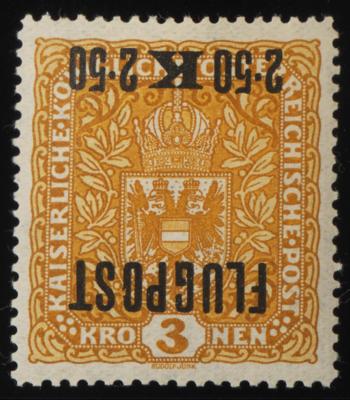 ** - Österr. Nr. 226yKI (1918 2,50K auf 3K olivgelbe Flugpostmarke auf weißem Papier   MIT KOPFSTEHENDEM AUFDRUCK), - Briefmarken