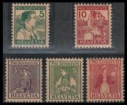 ** - Schweiz Nr. 128/129 u. 133/135 (Pro Juventute 1915 u.1917) postfr. Prachtstücke, - Briefmarken