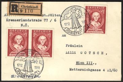 Poststück - Christkindl - Rekokarte vom 17.12. 1951 ab St. PÖLTEN(Rekozettel mit Rollen - Nummer "9"), - Známky