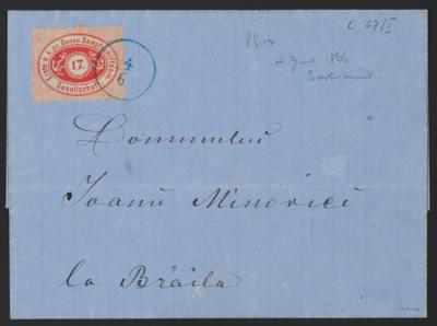 Poststück - DDSG Nr. 1 mit stummem Einkreisstempel "4/6" in Blau auf Faltbriefhülle nach Braila aus 1866, - Známky