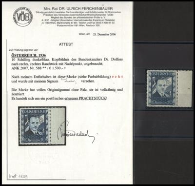 ** - Österr. 10 S DOLLFUSS postfr. re. Prachtrandstück mit Nadelpunkt, - Briefmarken