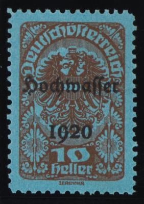 (*) - Österr. 1921 - 10 Heller Hochwasserserie Farbprobe in Karminbraun auf bläulichem Papier (ANK Nr. 341P), - Stamps