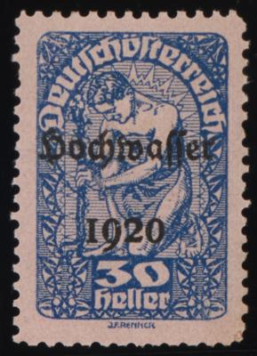 (*) - Österr. 1921 - 30 Heller Hochwasserserie Farbprobe in Hellblau auf rosa Papier, - Briefmarken