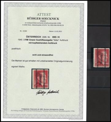 ** - Österr. 1945 - Nr. 695IK (3RM Grazer fett mit KOPFSTEHENDEM AUFDRUCK), - Francobolli