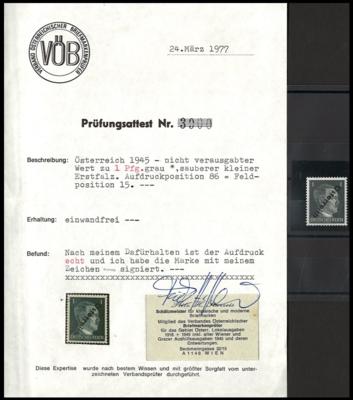 * - Österr. 1945 - Nr. (8a) (nicht verausgabter Wert zu 1 Rpfg.) in Grau, - Francobolli