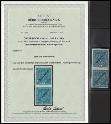 ** - Österr. Nr. 243AaUMw (2Kr. Freimarke Wappenzeichnung 1919 mit Aufruck IM SENKRECHTEN PAAR, - Briefmarken