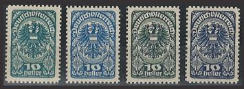 * - Österr. Nr. 259 (10 Heller) in versch. Farbproben (Blaugrün, - Briefmarken