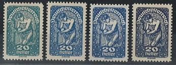 * - Österr. Nr. 263 (20 Heller) in vier versch. Farbproben (blaugrün, - Briefmarken