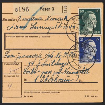Poststück - Ostmark - Paketkarte aus Posen an Häftling im KZ Arbeitslager Loiblpass Post Neumarktl vom 18.2. 1944, - Známky