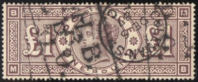 .gestempelt - Großbrit. Nr. 85 (1 Pfund) - (M-B) mit Einkreisstpl. COLEMANS DE 5 87u. Kastenstpl. (C.) H. B.(G.) P. O., - Stamps