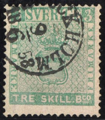 .gestempelt - Schweden Nr. 1b (3 Skill. bläulich-grün) re. kurzer Z., - Briefmarken