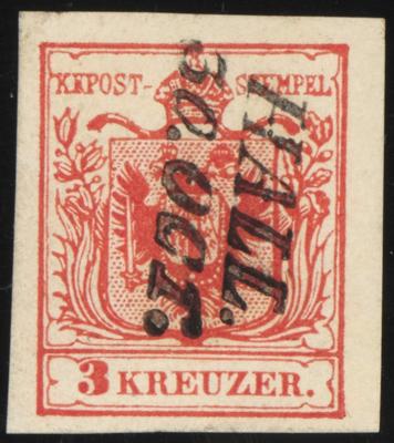 .gestempelt - Österr. Nr. 3M Type IIIa TIEFKARMIN mit voll sitzendem Kursivstempel "HALL 30. OCT.", - Známky