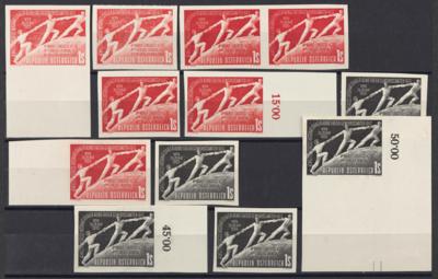 ** - Österr. Nr. 1027 UF (1 S Gewerkschaften) ungezähnte Farbproben in 3 versch. Farben (rotorange, - Briefmarken