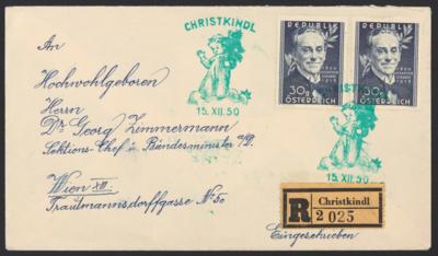Poststück - Christkindl - Rekobrief vom 15.12. 1950 (Rollennummer 2) an den Österr. Finanzminister, - Známky
