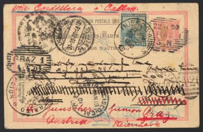 Poststück - Österr. Monarchie 10 Heller Ganzsachen - Postkarte im Türbogenmuster aus Graz vom 22.11. 1900 über Gibraltar, - Briefmarken