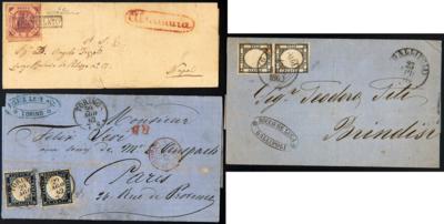 Poststück - Neapel 1860/61 - 4 Briefe und 1 Brftl. frank. mit Nr. 3 (2 Grana) versch. Nuancen meist sign., - Stamps and postcards