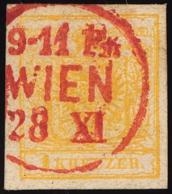 .gestempelt - Österr. Nr. 1M III gelb mit ROTER Entwertung von Wien, - Známky a pohlednice