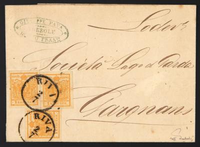 Poststück - Österr. Ausg. 1850 - Nr. 1HIII hellockergelb (3) auf Faltbriefhülle von RIVA nach Cargnano aus 1854, - Známky a pohlednice