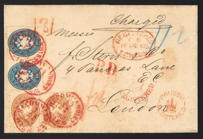 Poststück - Österr. Ausg. 1863 + 1863/64 - Nr. 27 (2) + Nr. 34 (2) + rückseitig - Briefmarken