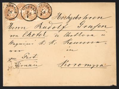 Poststück - Österr. Ausg. 1863/64 - Nr. 34 (4) treppenartig frankiert auf Kuvert von NEUSATZ nach Ober - Ungarn, - Briefmarken