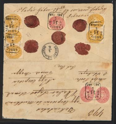 Poststück - Österr. Ausg. 1863/64 - Österr. Nr. 32 (2) + rückseitig  Nr. 32 + Nr. 30 (5, - Známky a pohlednice