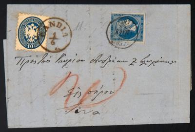 Poststück - Österr. Post in d. Levante Vorläufer mit Venetien Nr. 22 von CANDIA und griechischer Nachfrankierung SYRA, - Stamps and postcards
