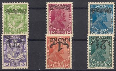 ** - Liechtenstein Nr. 11KI/16KI (Freimarkenausg. März 1920 mit KOPFSTEHENDEM AUFDRUCK OBEN), - Briefmarken