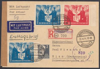 Poststück - DDR Nr. 284/85 auf Reko - Flugpost - ERSTTAGSBRIEF von Borstendorf über die Zensur nach Wien vom 22.4. 1951, - Známky