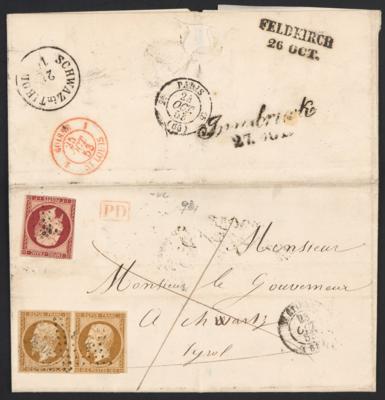 Poststück - Frankreich Nr. 8 im waagr. Paar + Nr. 17 auf Faltbrief von Saint Etienne über Paris, - Briefmarken