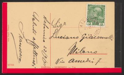 Poststück - Österr. 1911 - Postkarte frank. mit 5 Heller seltener Stpl. "ALBANIEN/OESTER. LLOYD" (violett), - Francobolli
