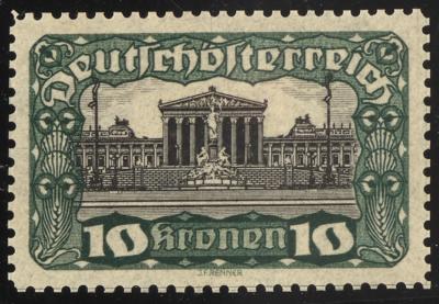 (*) - Österr. 1919 - 10 Kronen Parlament Farbprobe in Dunkelgrün/Schwarz Linienzhg. 12 1/2, - Známky